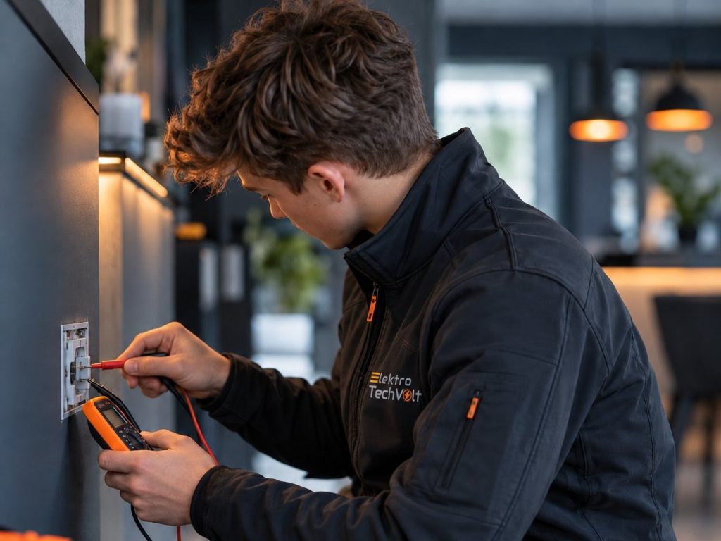 Elektriker misst mit einem Multimeter an einer Steckdose (Symbolbild)