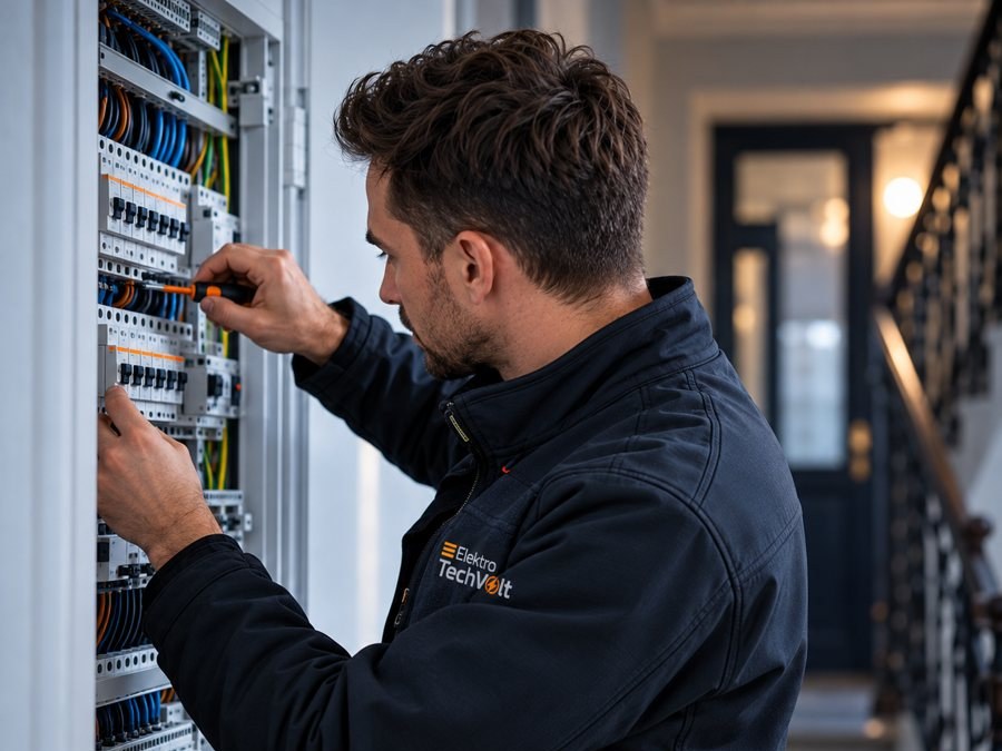 Elektriker bei Arbeiten an einer Unterverteilung im Treppenhaus (Symbolbild)