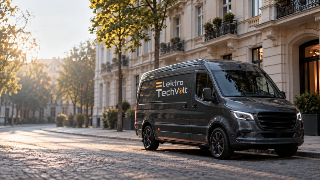 Transporter mit Elektro-TechVolt-Beschriftung vor einem Berliner Altbau (Symbolbild)