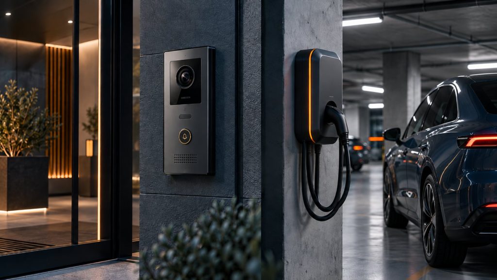 Video-Türsprechanlage und Wallbox in einer Wohnanlage (Symbolbild)